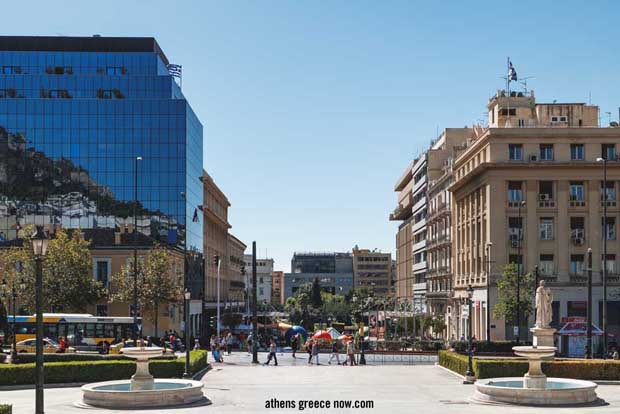 Square and Omonoia Street from the stairs of the National and Kapodistrian University of Athens in Greece