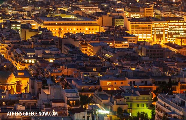 Night Time Athens Greece aerial photo