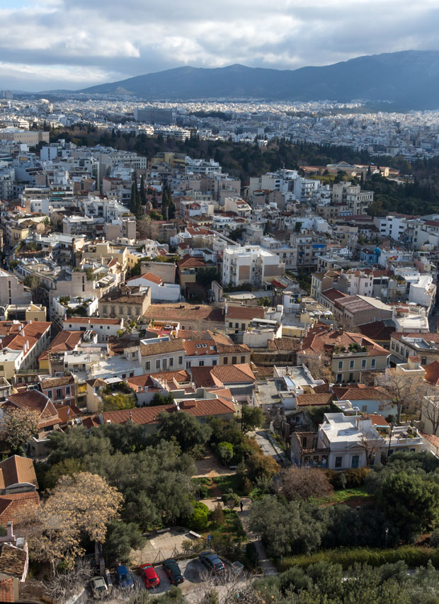 Looking down on the tiled roofs of Athens from atop the Acropolis