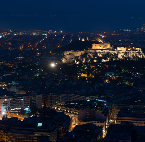 Night time over Athens Greece