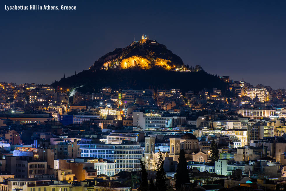 Lycabettus Hill at night in Athens Greece