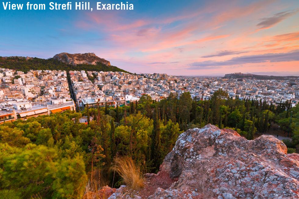 View from Stefi Hill in Exarchia, Athens Greece