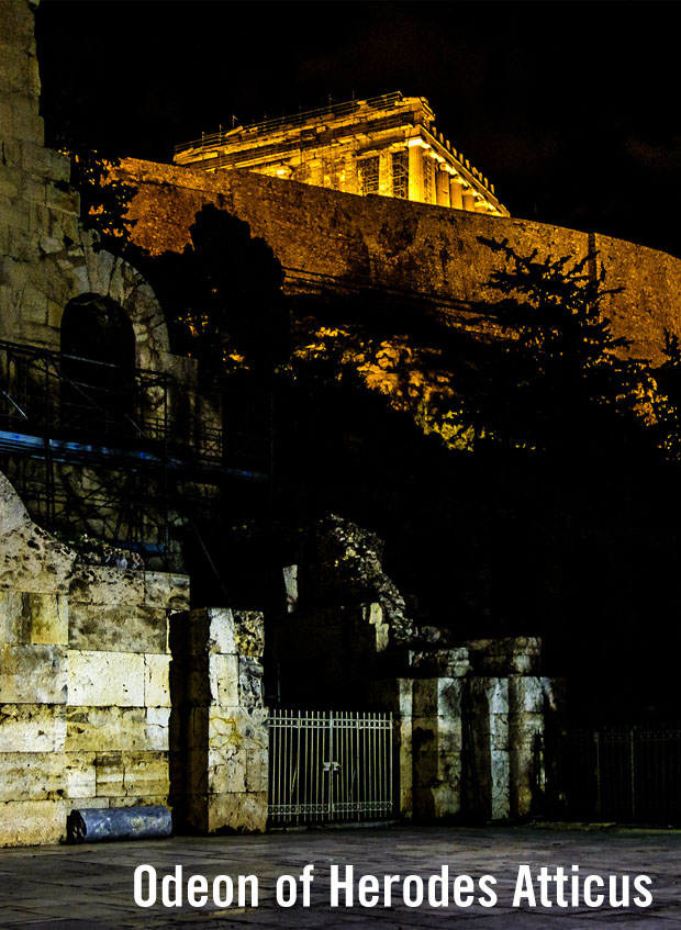 At night at the gates of the Odeon of Herodes Atticus