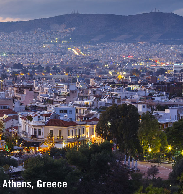 Athens Greece building lights at dusk