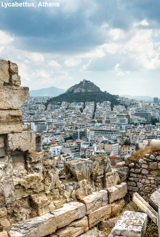 Lycabettus seen from Acropolis in Athens Greece