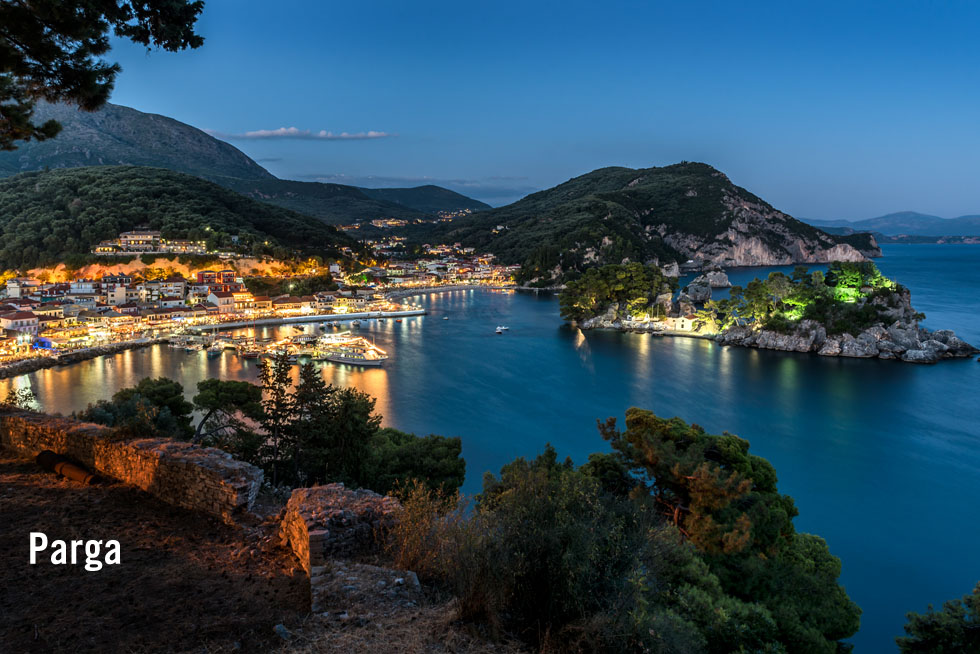 Parga Greece at evening with port lights on