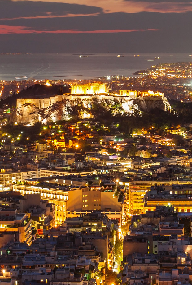 Sunset and the night lights at Athens Greece