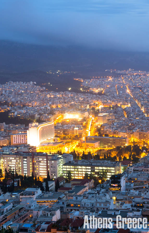 Athens at night with the Hitlon Hotel - click to enlarge to see War Museum and Ymittos
