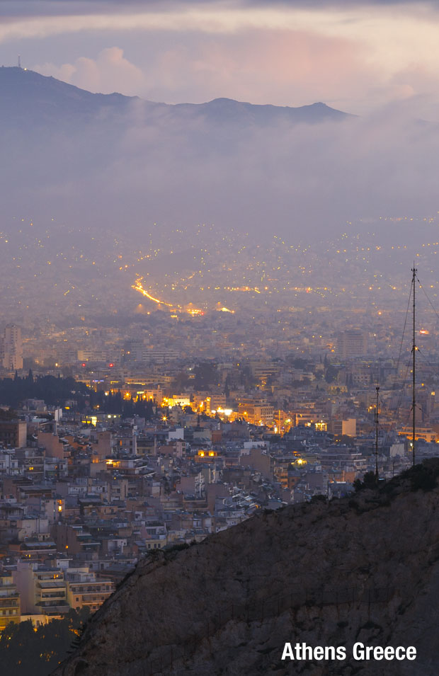 Foggy City Lights in Athens Greece