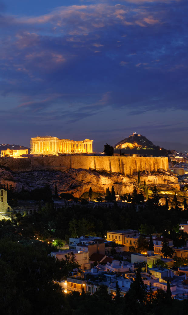 Acropolis and Lycabettus at night in Athens