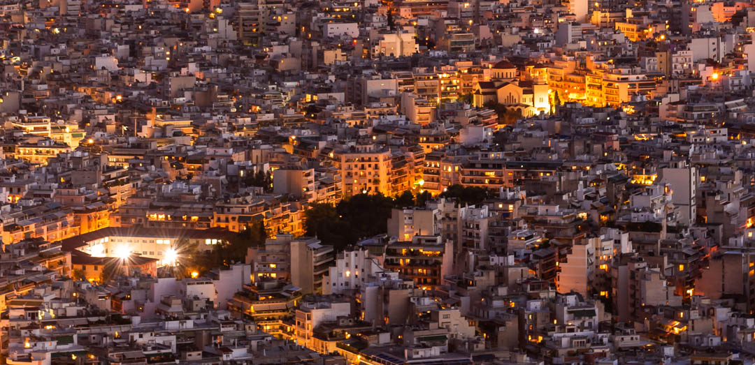Athens buildings glowing at night