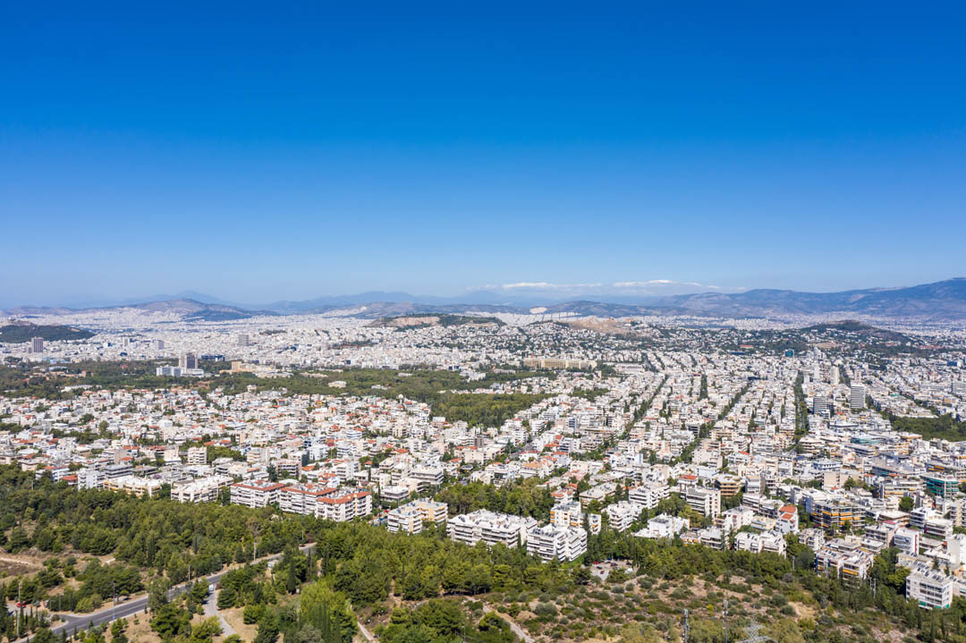 Long distance view of Athens with Mountains in the distance