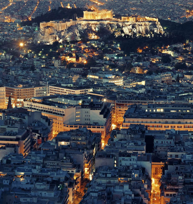 Night lights at the Acropolis in Athens Greece