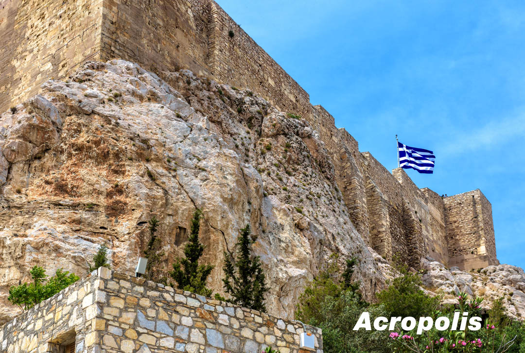 The Acropolis with flag of Greece