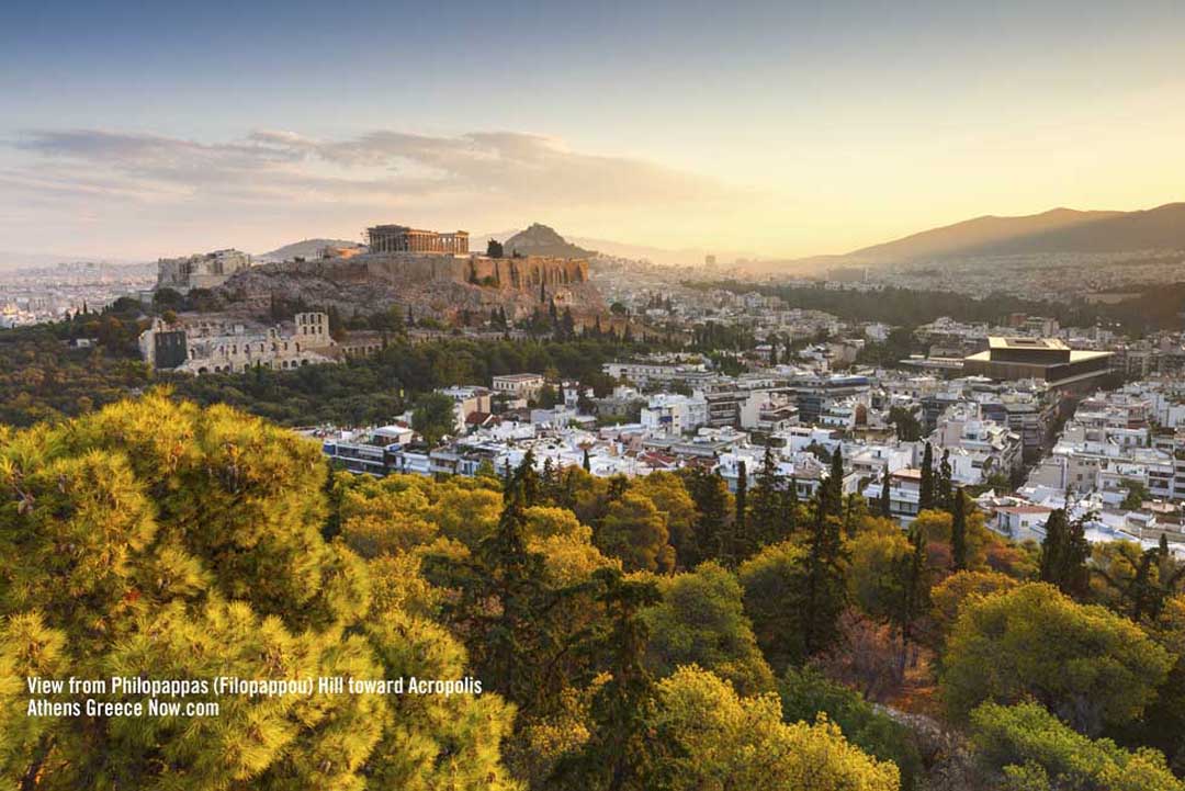 View from Filopappou Hill toward Acropolis in Athens Greece