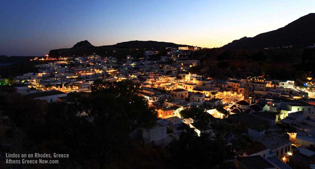 Lindos by night on Rhodes Greece