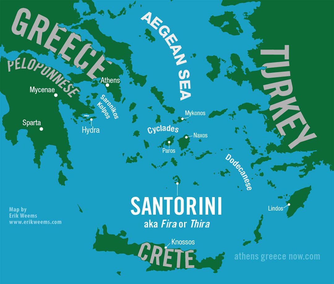 Map of Santorini among the Cyclades islands in the Aegean