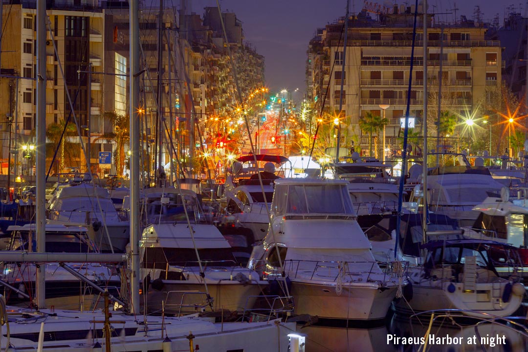 Piraeus harbor at night