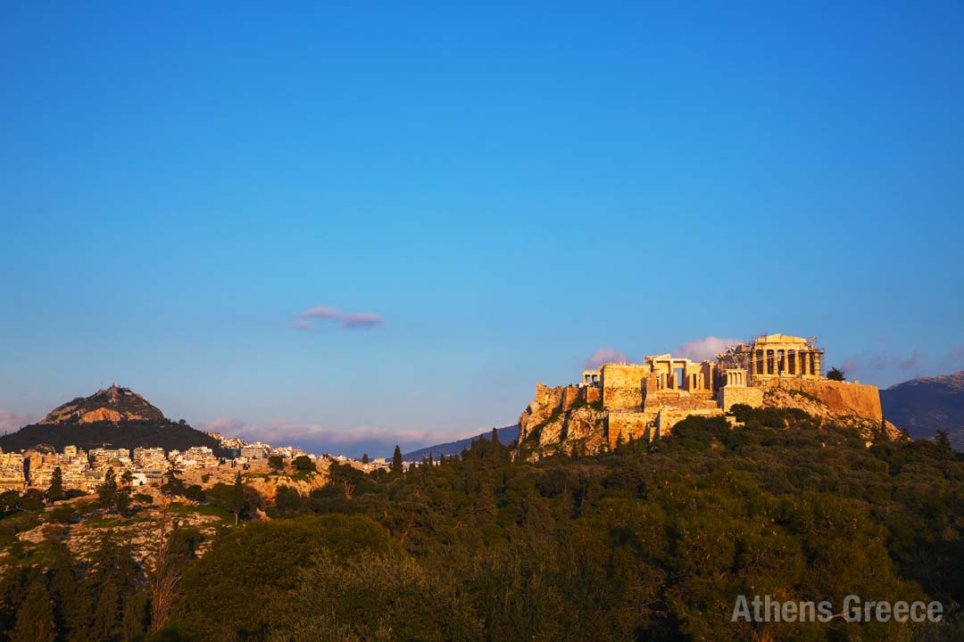 Sunlight on Acropolis and Mount Lykabettus