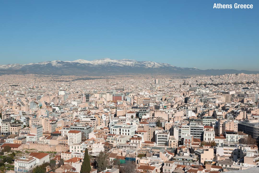 Snow on mountains in Athens Greece 