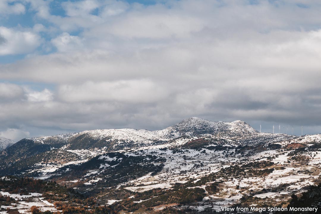 Winter time view of mountains from Mega Spileon Monastery.