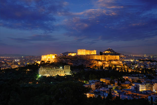 The Acropolis at dusk in Athens