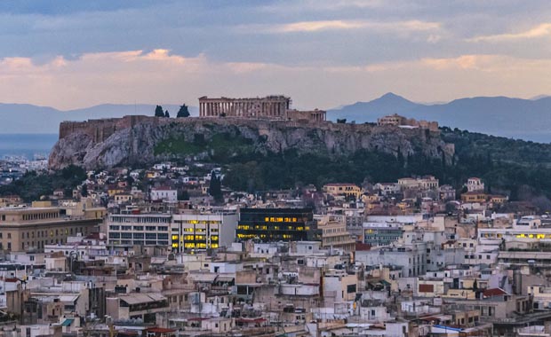 Appraching dusk in Athens Greece with view of Acropolis