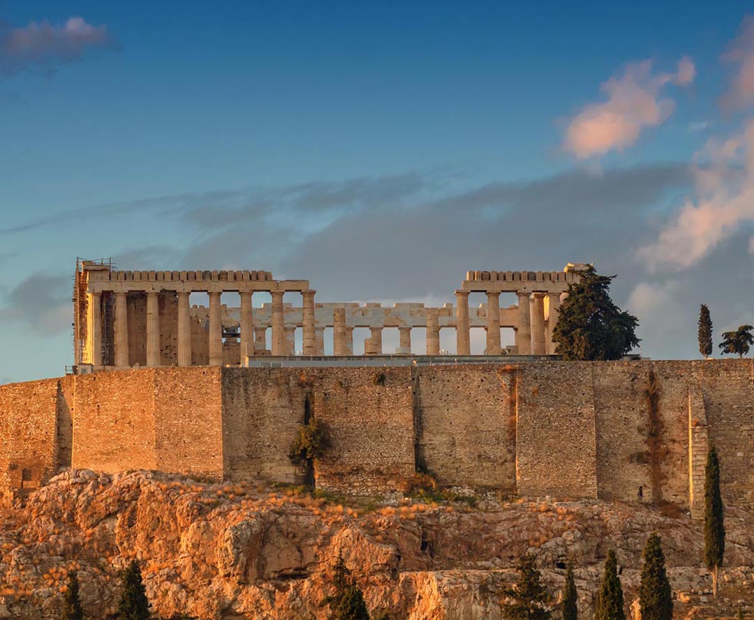 The Acropolis in Athens - side view with wall along mount