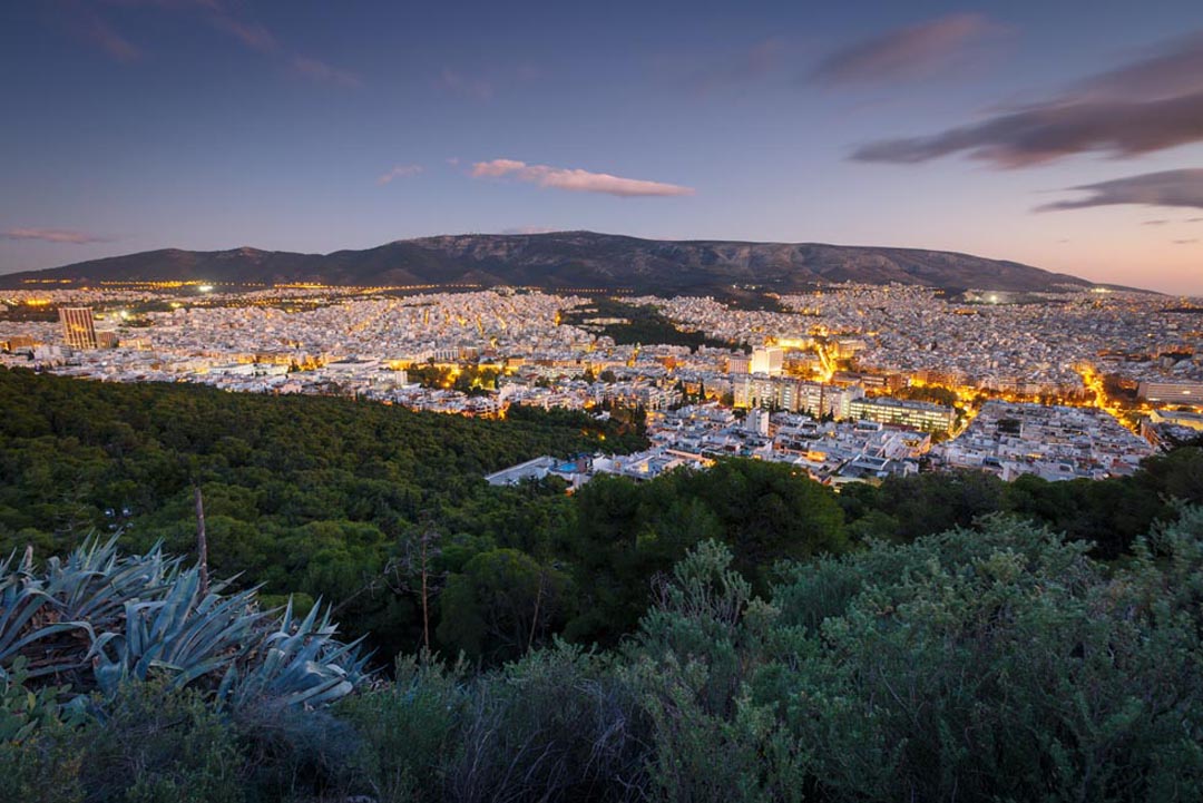 Evening view of Athens from Lycabettus Athens Greece