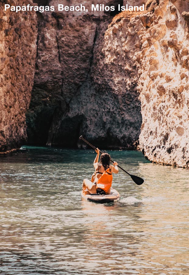 Paddleboarding among the rocks at Papafragas on Milos Island, Greece