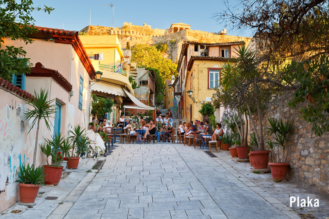 The Plaka area below the Acropolis in Athens Greece