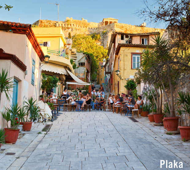 The Plaka area below the Acropolis in Athens Greece