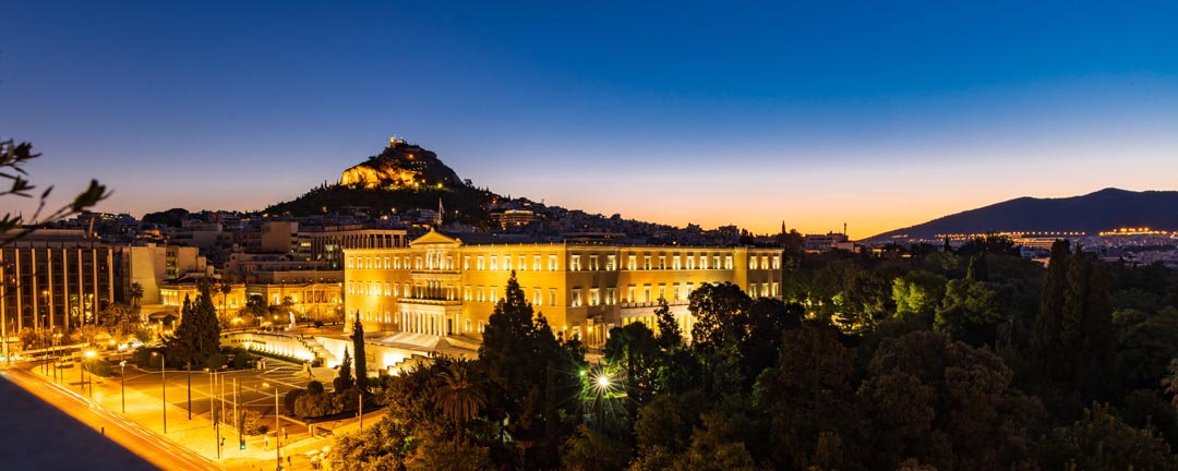 Night time view of Mount Lycabettus and Syntagma