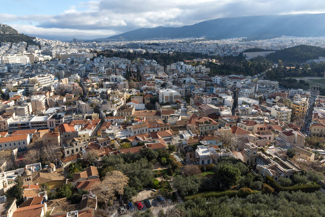 Syntagma and Ymittos seen from the air over Athens