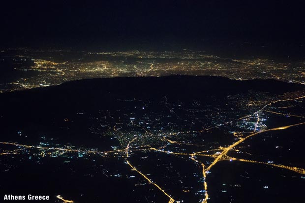 At night over Athens Greece