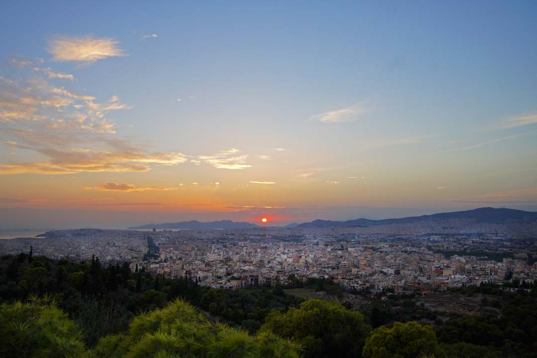 Sunset over Aigaleo mountain in Athens