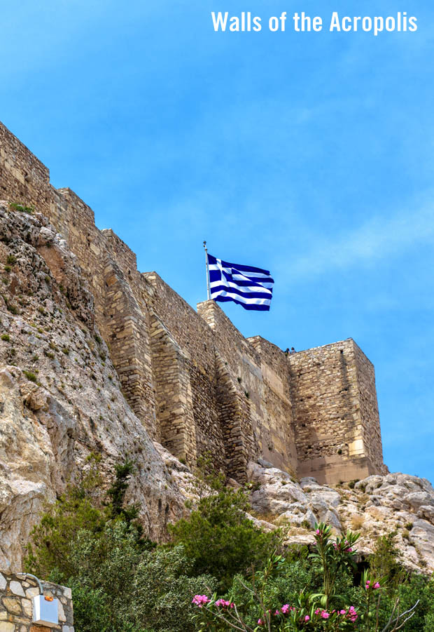 Flag of Greece on the walls of the Acropolis