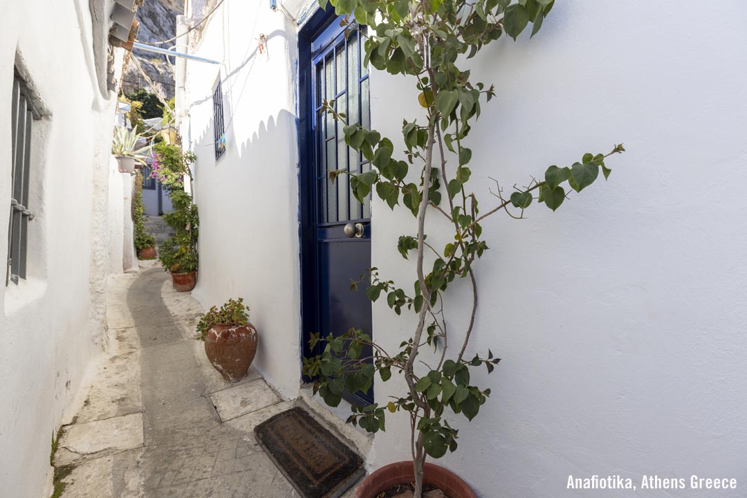 White washed walkway in Anafiotika in Athens