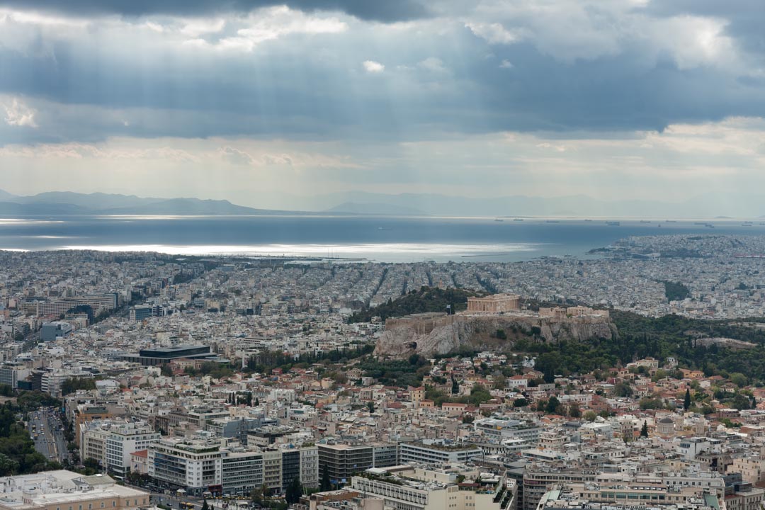 Skies over Athens with view of Saronic Gulf