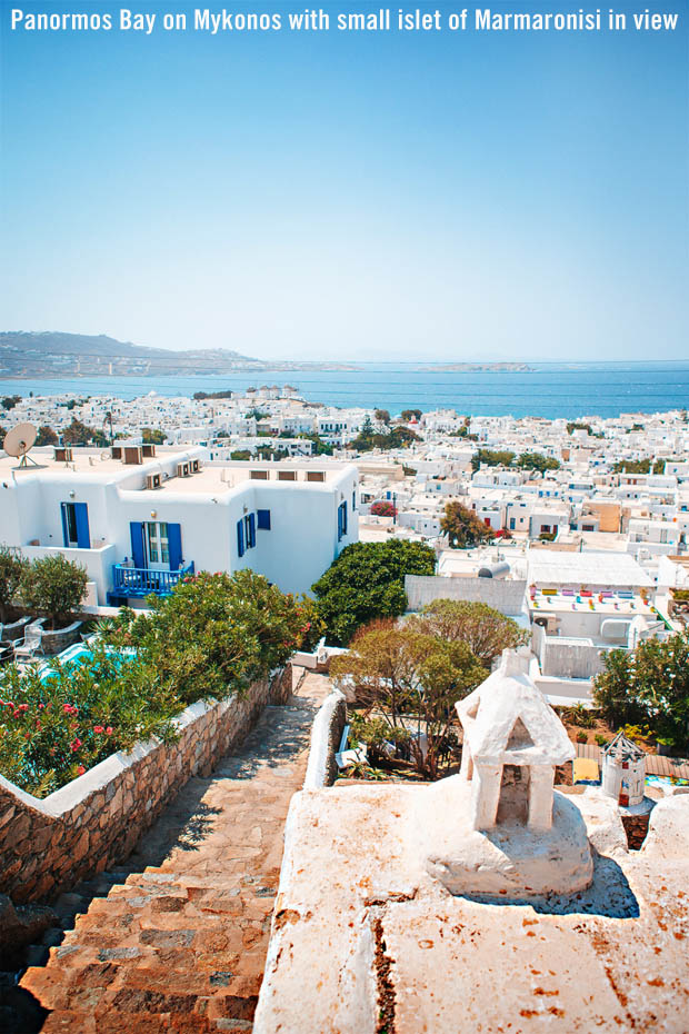 Panormos Bay on the island of Mykonos with the islet Marmaronisi at the mouth of the bay - click image to enlarge