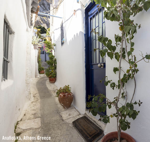 Whitewashed walkway in Anafiotika, Athens, Greece