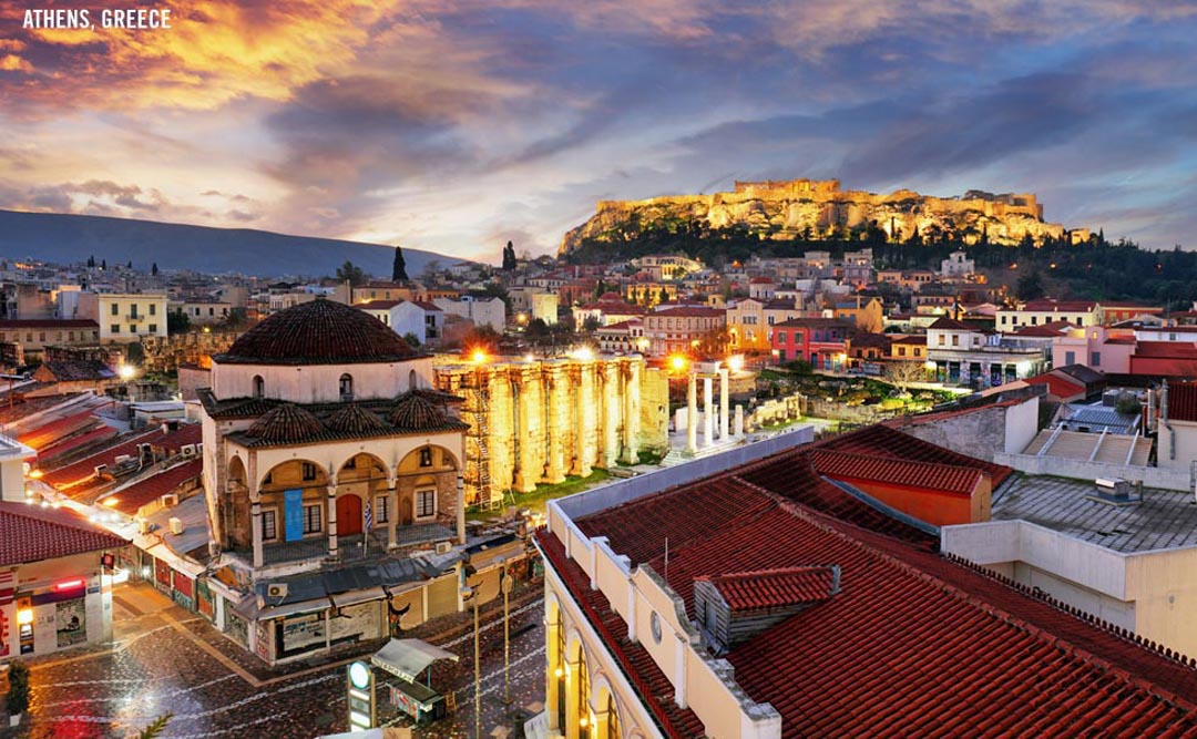 Acropolis with Monasteraki at night in Athens