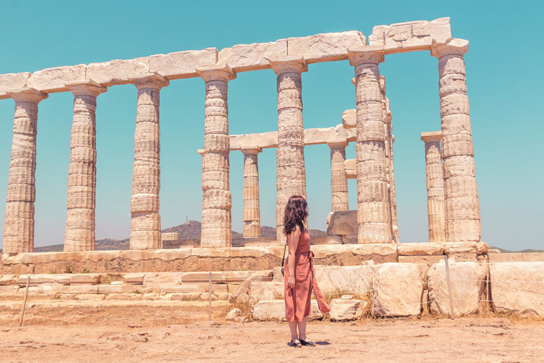 Cape Sounion Temple with tourist