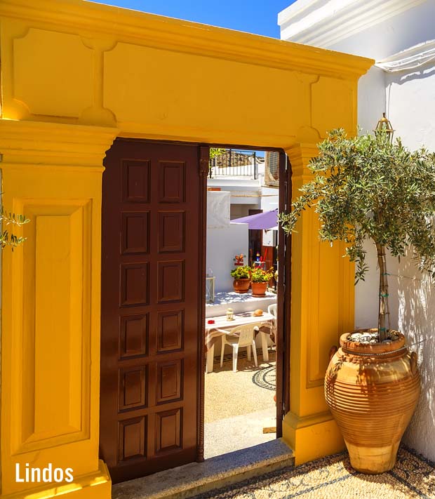 Colorful entrance in Lindos, Rhodes, Greece