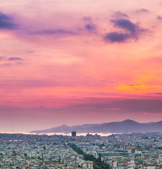 Colors of sunset over Athens Greece and the Saronic Bay