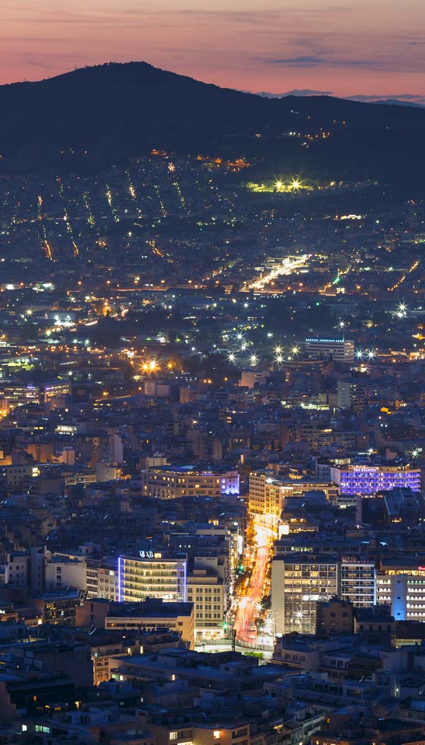 Looking up from Omonia Square and Agiou Konstantinou toward Mount Aegaleo