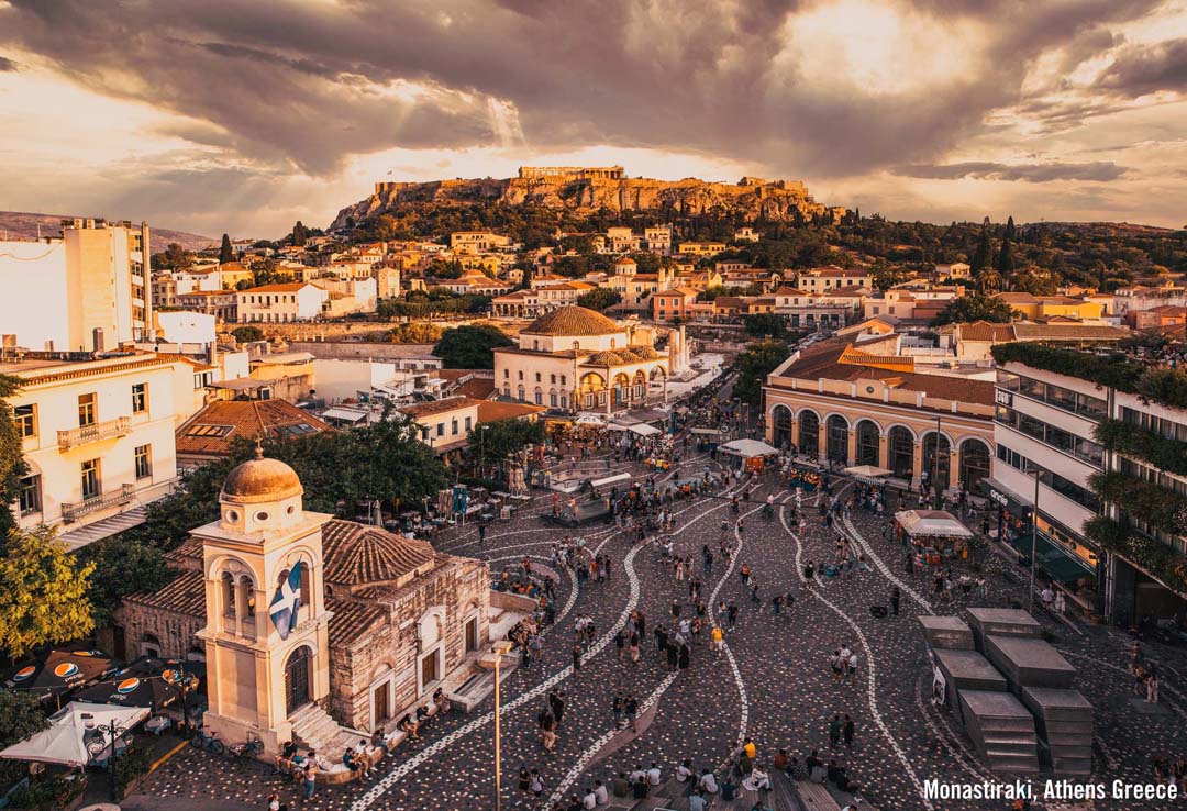 Monastiraki in Athens Greece with aerial view also showing the Acropolis