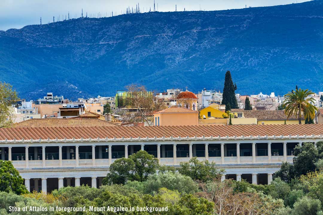 The Stoa of Attalos in foreground with Mount Aegaleo in the background