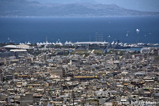 Sunlit Saronic Gulf waters at the edge of Athens