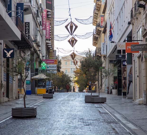 Empty Ermou Street near Syntagma, early morning in Athens